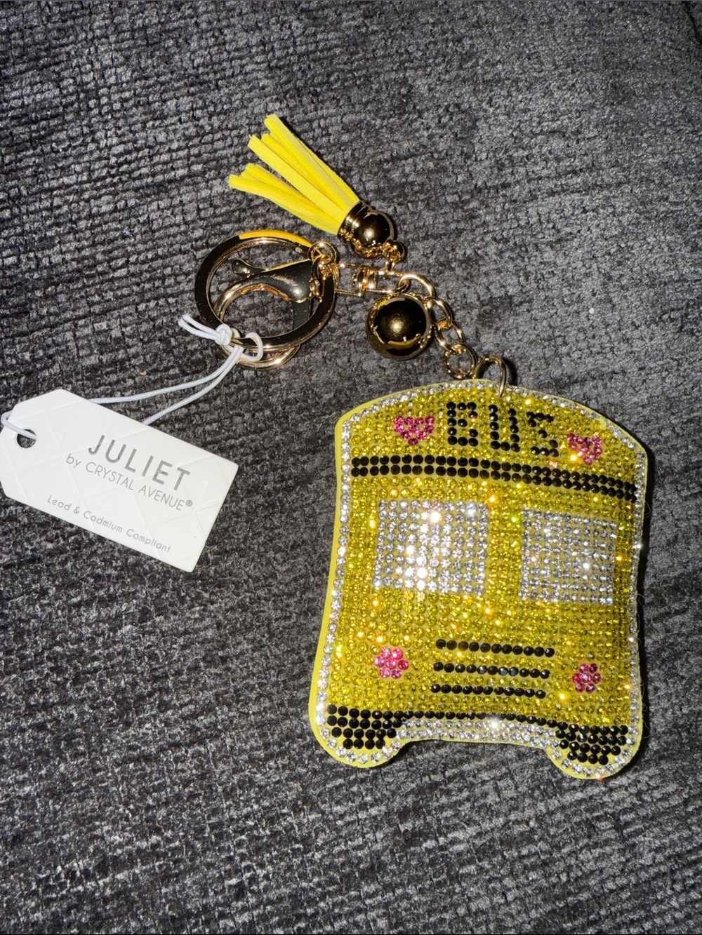NWT JULIET by Crystal Avenue Yellow Rhinestone School Bus Keychain